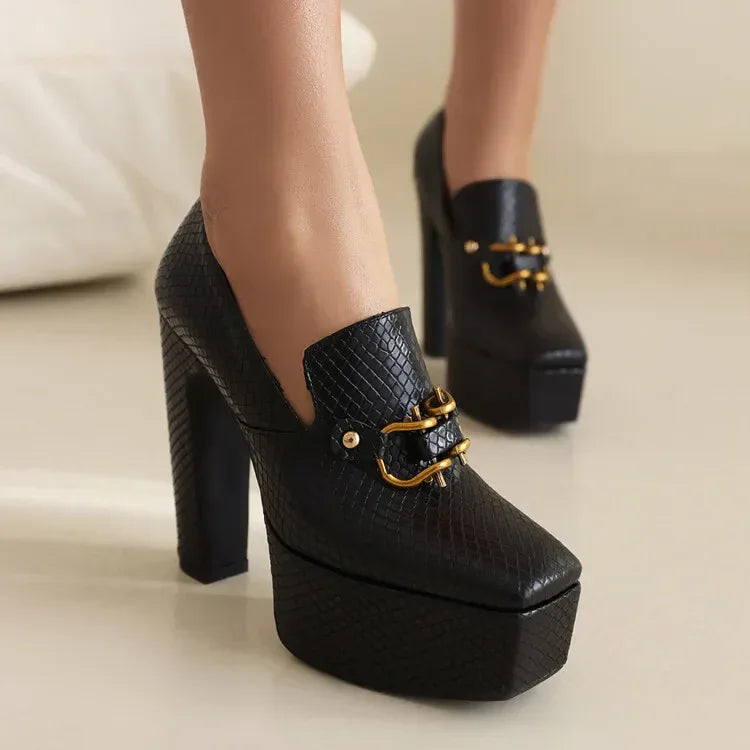 spring autumn New styles fashion High heels Women shoes Solid PU Metal decoration Square toe Slip-On Party heels women high 13cm