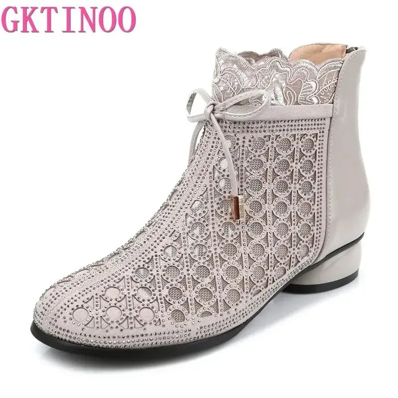 GKTINOO 2026 Spring Summer Ankle Boots Fashion Rhinestones Sandals Thick Heels Mesh Boots Hollow Women's Shoes Genuine Leather - Chakastore