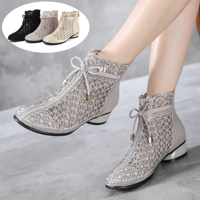 GKTINOO 2026 Spring Summer Ankle Boots Fashion Rhinestones Sandals Thick Heels Mesh Boots Hollow Women's Shoes Genuine Leather - Chakastore
