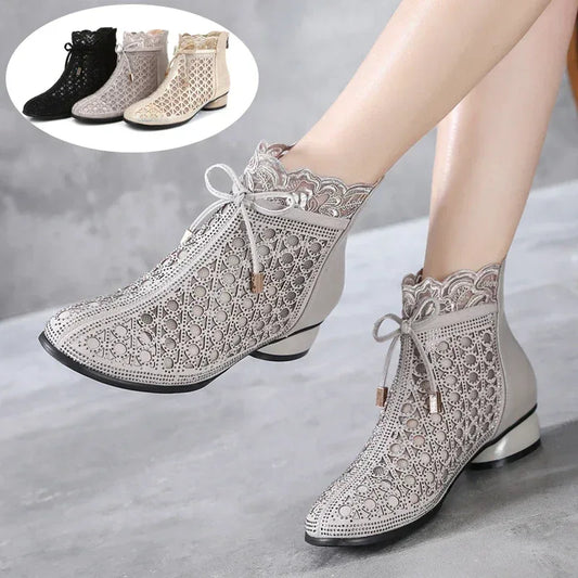 GKTINOO 2026 Spring Summer Ankle Boots Fashion Rhinestones Sandals Thick Heels Mesh Boots Hollow Women's Shoes Genuine Leather - Chakastore