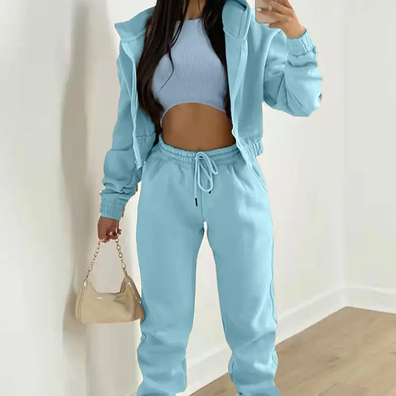 Women's 3 Piece Sets Suit Casual Long Sleeve Zip Hoodies Tank High Waist Sweatpants Jogger Pant Suits Sporty Three Pieces Outfit