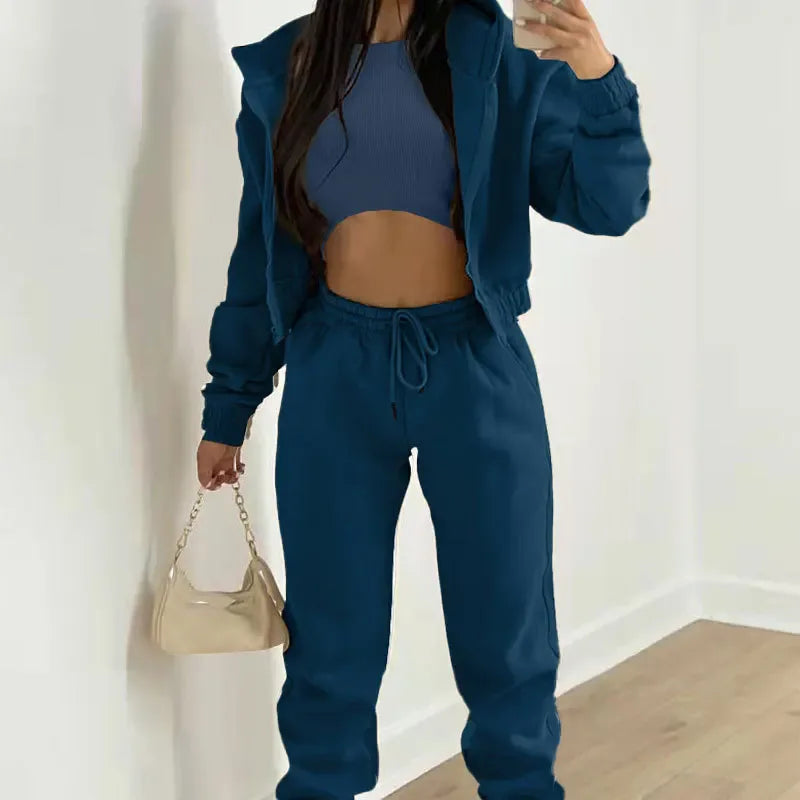 Women's 3 Piece Sets Suit Casual Long Sleeve Zip Hoodies Tank High Waist Sweatpants Jogger Pant Suits Sporty Three Pieces Outfit