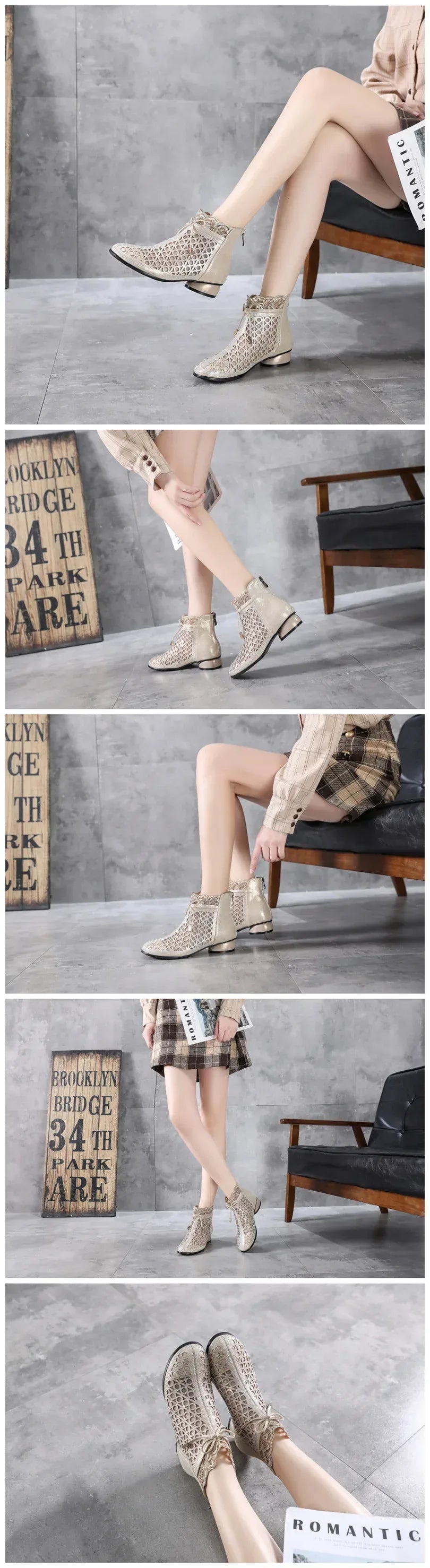 GKTINOO 2026 Spring Summer Ankle Boots Fashion Rhinestones Sandals Thick Heels Mesh Boots Hollow Women's Shoes Genuine Leather