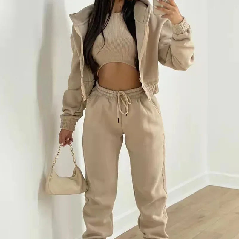 Women's 3 Piece Sets Suit Casual Long Sleeve Zip Hoodies Tank High Waist Sweatpants Jogger Pant Suits Sporty Three Pieces Outfit - Chakastore