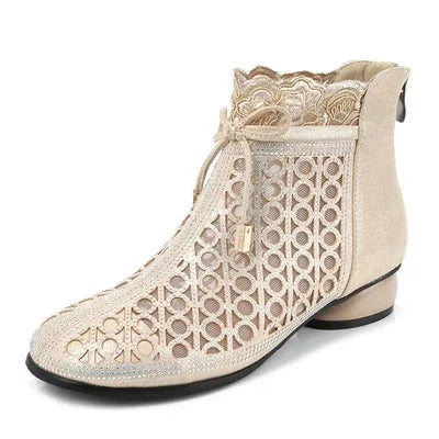 GKTINOO 2026 Spring Summer Ankle Boots Fashion Rhinestones Sandals Thick Heels Mesh Boots Hollow Women's Shoes Genuine Leather