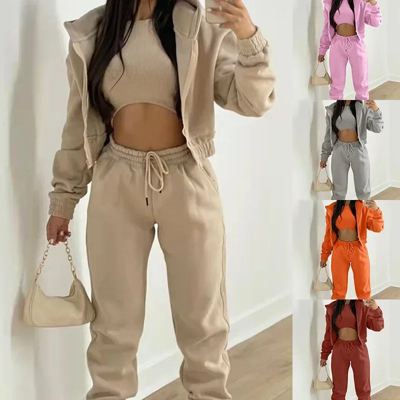 Women's 3 Piece Sets Suit Casual Long Sleeve Zip Hoodies Tank High Waist Sweatpants Jogger Pant Suits Sporty Three Pieces Outfit - Chakastore
