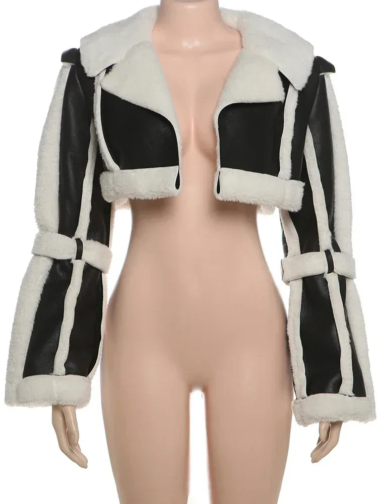 Weird Puss Furry Patchwork Women Crop Jacket Hipster Full Sleeve Open Stitch Hipster Streetwear Warm Outwear Basic Wild Coat - Chakastore