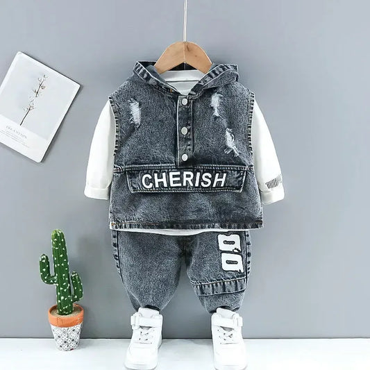 Spring and Autumn Children's Clothing Set New Boys' Baby Cowboy Vest T-shirt Jeans 3-Piece Set 73-110cm - Chakastore
