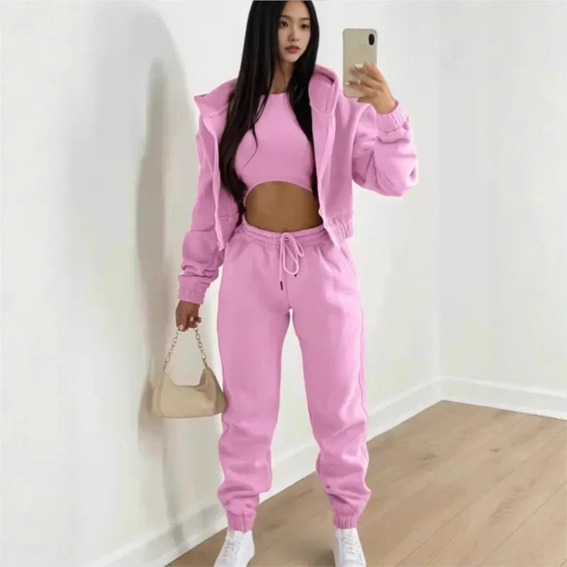 Women's 3 Piece Sets Suit Casual Long Sleeve Zip Hoodies Tank High Waist Sweatpants Jogger Pant Suits Sporty Three Pieces Outfit - Chakastore