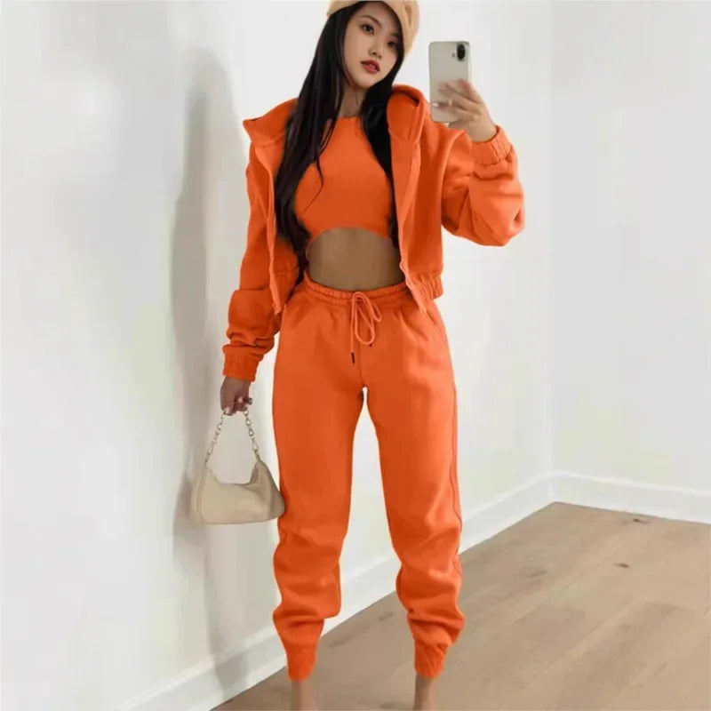 Women's 3 Piece Sets Suit Casual Long Sleeve Zip Hoodies Tank High Waist Sweatpants Jogger Pant Suits Sporty Three Pieces Outfit - Chakastore