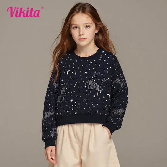 VIKITA Kids Unicorn Starry Moon Print Sweatshirt Tops Teenagers Autumn Spring Sports Wear Casual Cotton Fashion Sweatshirt - Chakastore