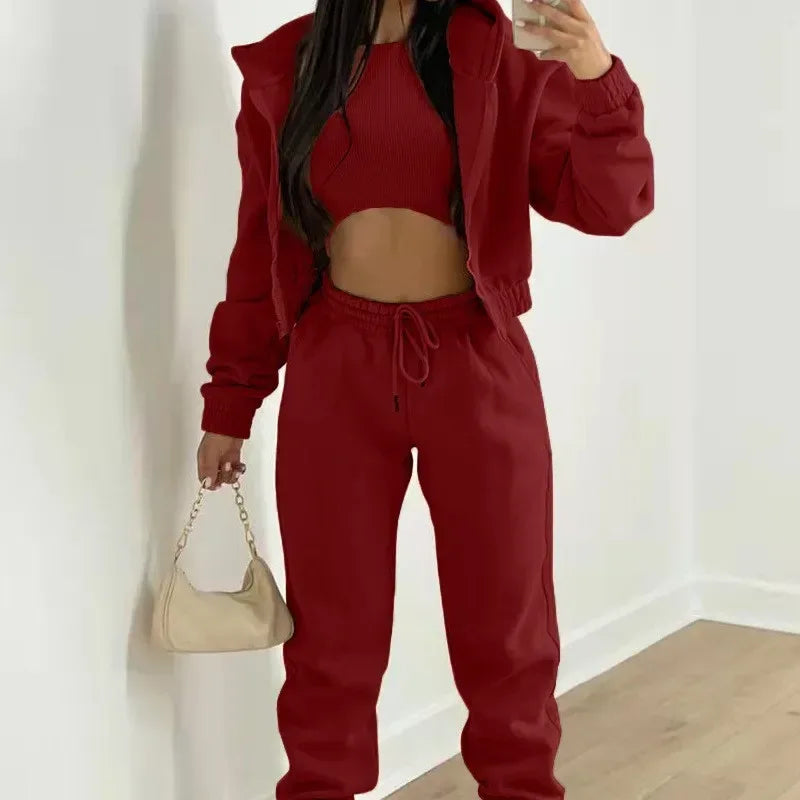 Women's 3 Piece Sets Suit Casual Long Sleeve Zip Hoodies Tank High Waist Sweatpants Jogger Pant Suits Sporty Three Pieces Outfit - Chakastore