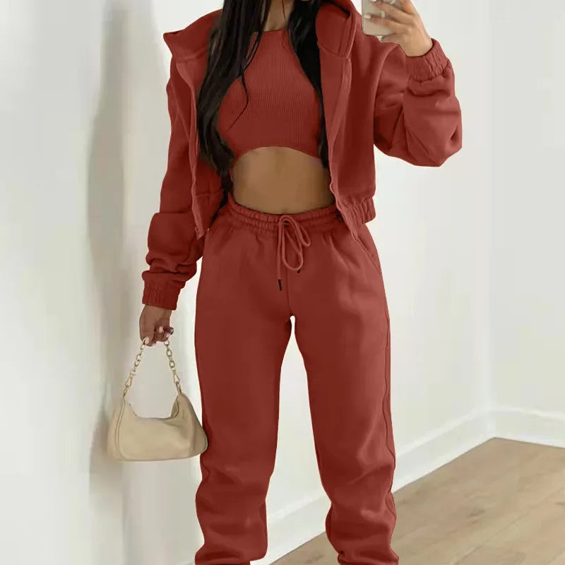 Women's 3 Piece Sets Suit Casual Long Sleeve Zip Hoodies Tank High Waist Sweatpants Jogger Pant Suits Sporty Three Pieces Outfit
