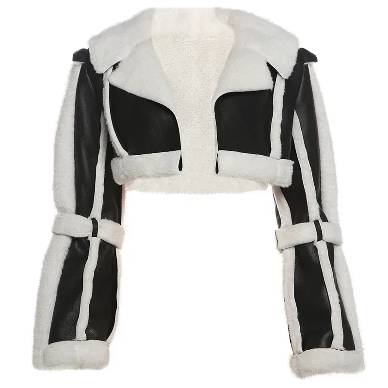 Weird Puss Furry Patchwork Women Crop Jacket Hipster Full Sleeve Open Stitch Hipster Streetwear Warm Outwear Basic Wild Coat - Chakastore