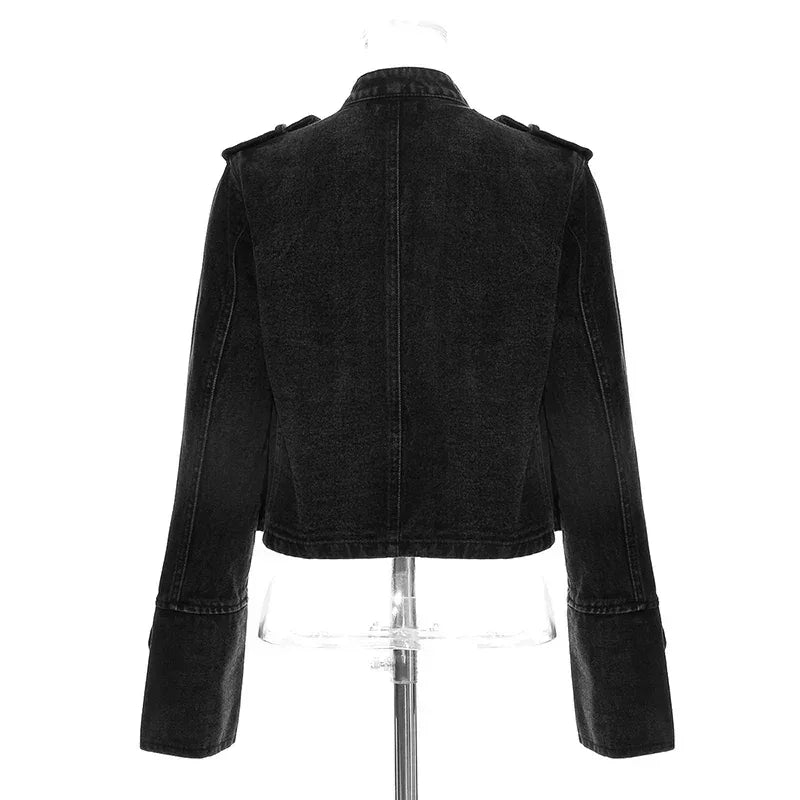 Streetwear Casual Loose Button Split Short Denim Jacket Women Fashion Spring Autumn 2026 Stand Collar Long Sleeve Jean Jacket - Chakastore