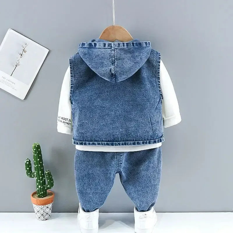 Spring and Autumn Children's Clothing Set New Boys' Baby Cowboy Vest T-shirt Jeans 3-Piece Set 73-110cm - Chakastore