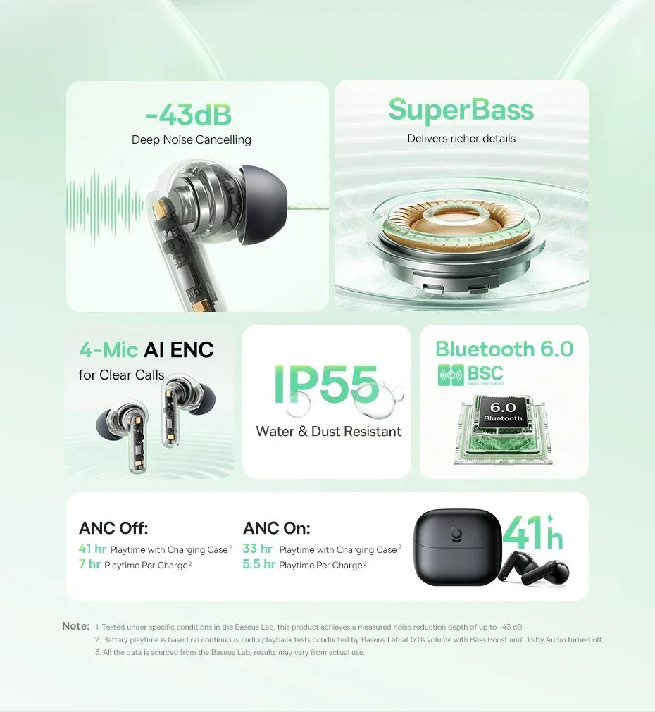 Baseus Bass EP10 NC -43dB Noise Cancelling ANC True Wireless Earbuds Bluetooth 6.0 In-Ear Wireless Earphones 4-Mics ENC Ear buds - Chakastore