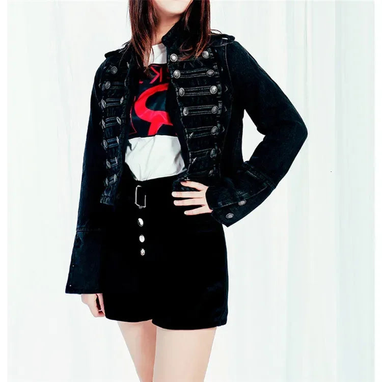 Chaqueta Mujer Metal Double Breasted Stand Collar Design Denim Jacket Top Denim Women Clothing American Overcoat Outwear