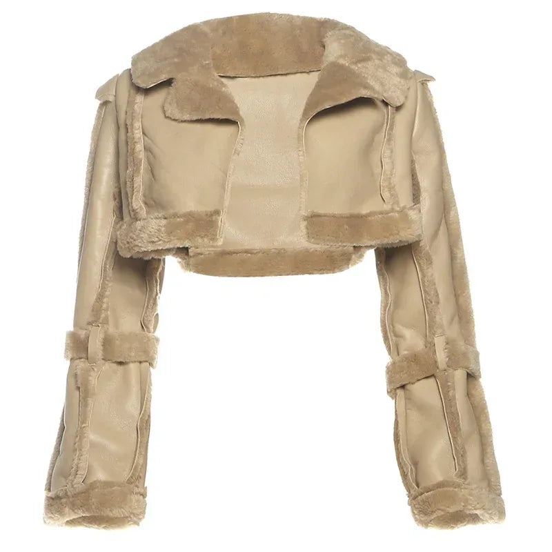 Weird Puss Furry Patchwork Women Crop Jacket Hipster Full Sleeve Open Stitch Hipster Streetwear Warm Outwear Basic Wild Coat - Chakastore