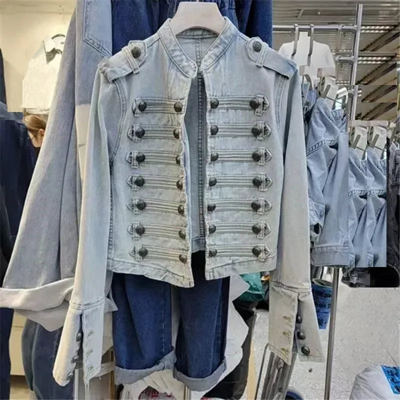 Chaqueta Mujer Metal Double Breasted Stand Collar Design Denim Jacket Top Denim Women Clothing American Overcoat Outwear