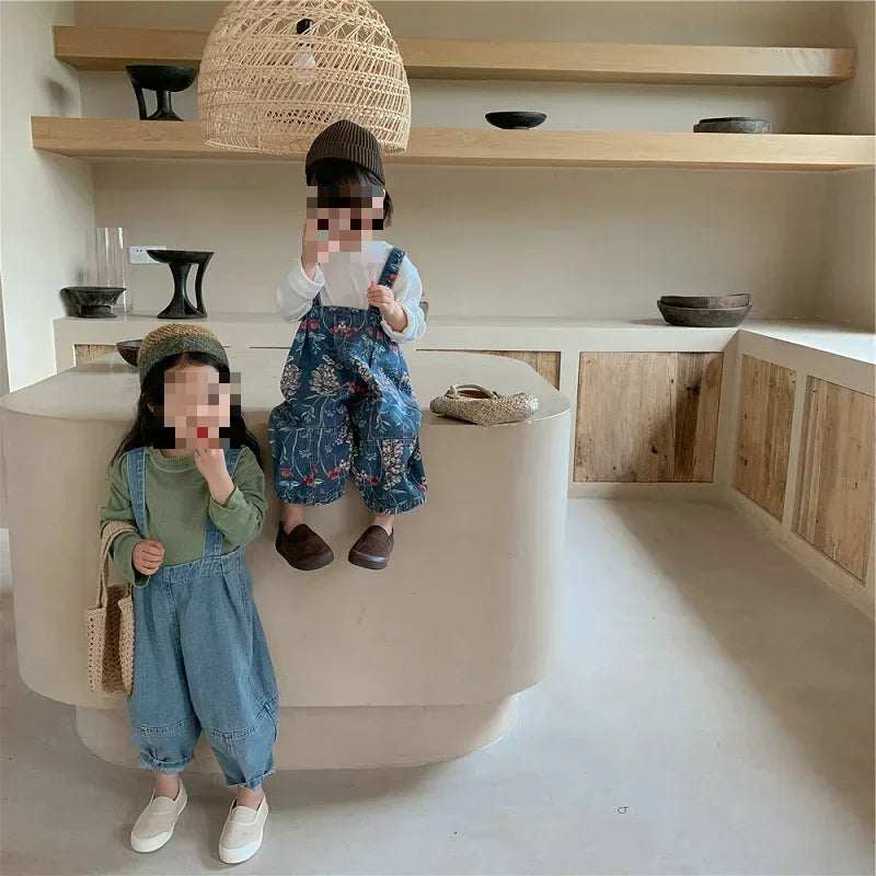 Spring Autumn Fashion Baby Girls Cotton Loose Floral Printed Jeans Kids Denim Suspenders Pant Children Outerwear Trousers 2-8Yrs - Chakastore
