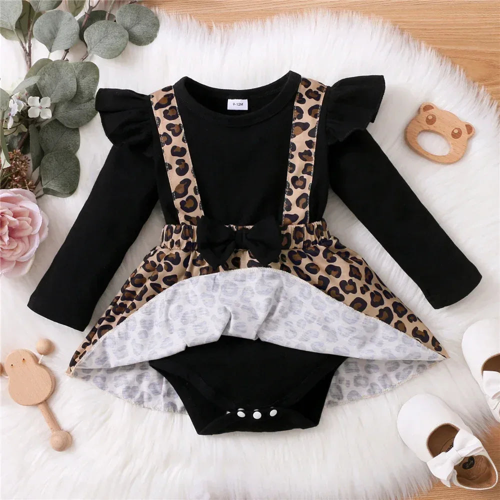 Newborn Baby Girl Romper Dress Long Sleeve Leopard Dresses with Bow Spring&Autumn Onesie Clothes for Infant Girl 0-18 Months - Chakastore