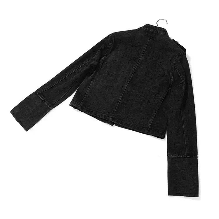 Chaqueta Mujer Metal Double Breasted Stand Collar Design Denim Jacket Top Denim Women Clothing American Overcoat Outwear