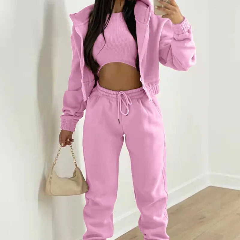 Women's 3 Piece Sets Suit Casual Long Sleeve Zip Hoodies Tank High Waist Sweatpants Jogger Pant Suits Sporty Three Pieces Outfit