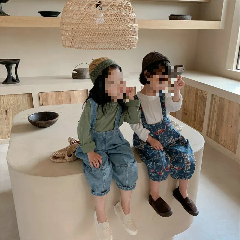 Spring Autumn Fashion Baby Girls Cotton Loose Floral Printed Jeans Kids Denim Suspenders Pant Children Outerwear Trousers 2-8Yrs