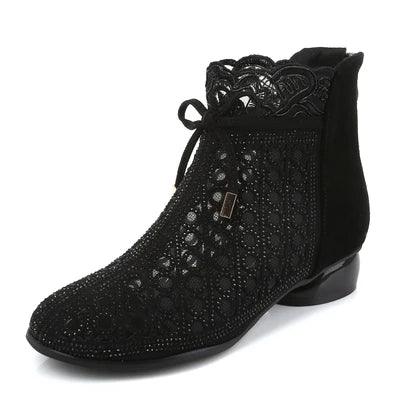 GKTINOO 2026 Spring Summer Ankle Boots Fashion Rhinestones Sandals Thick Heels Mesh Boots Hollow Women's Shoes Genuine Leather
