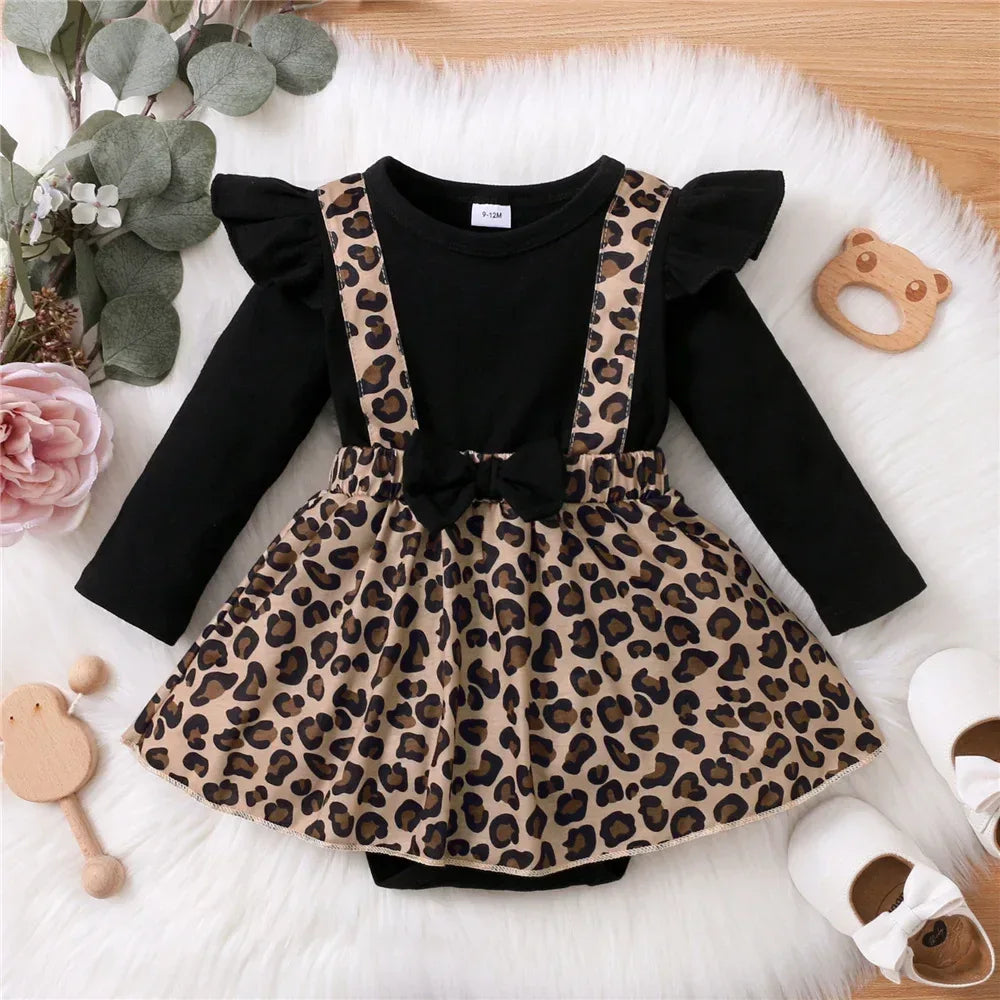 Newborn Baby Girl Romper Dress Long Sleeve Leopard Dresses with Bow Spring&Autumn Onesie Clothes for Infant Girl 0-18 Months - Chakastore