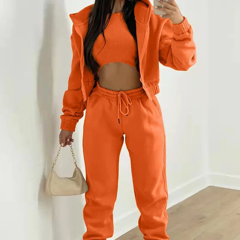 Women's 3 Piece Sets Suit Casual Long Sleeve Zip Hoodies Tank High Waist Sweatpants Jogger Pant Suits Sporty Three Pieces Outfit - Chakastore