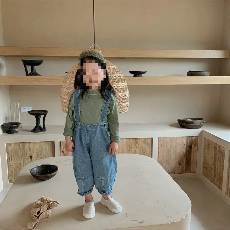 Spring Autumn Fashion Baby Girls Cotton Loose Floral Printed Jeans Kids Denim Suspenders Pant Children Outerwear Trousers 2-8Yrs