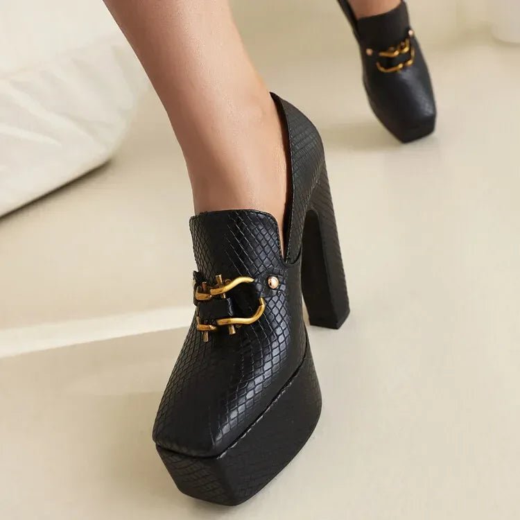 spring autumn New styles fashion High heels Women shoes Solid PU Metal decoration Square toe Slip-On Party heels women high 13cm
