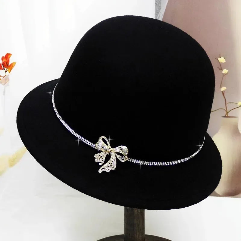 New Fashion Elegant Jazz Hat Woolen Hat Women's Spring Autumn Winter Woolen Fabric Vintage Literature Peaked cap - Chakastore