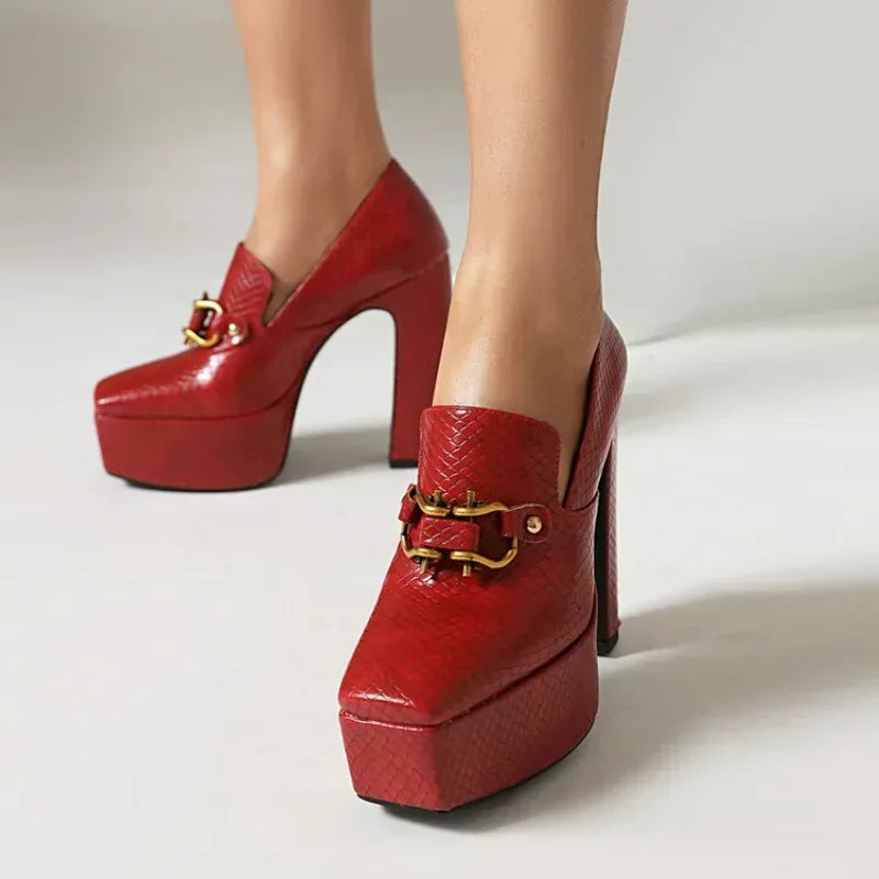 spring autumn New styles fashion High heels Women shoes Solid PU Metal decoration Square toe Slip-On Party heels women high 13cm - Chakastore