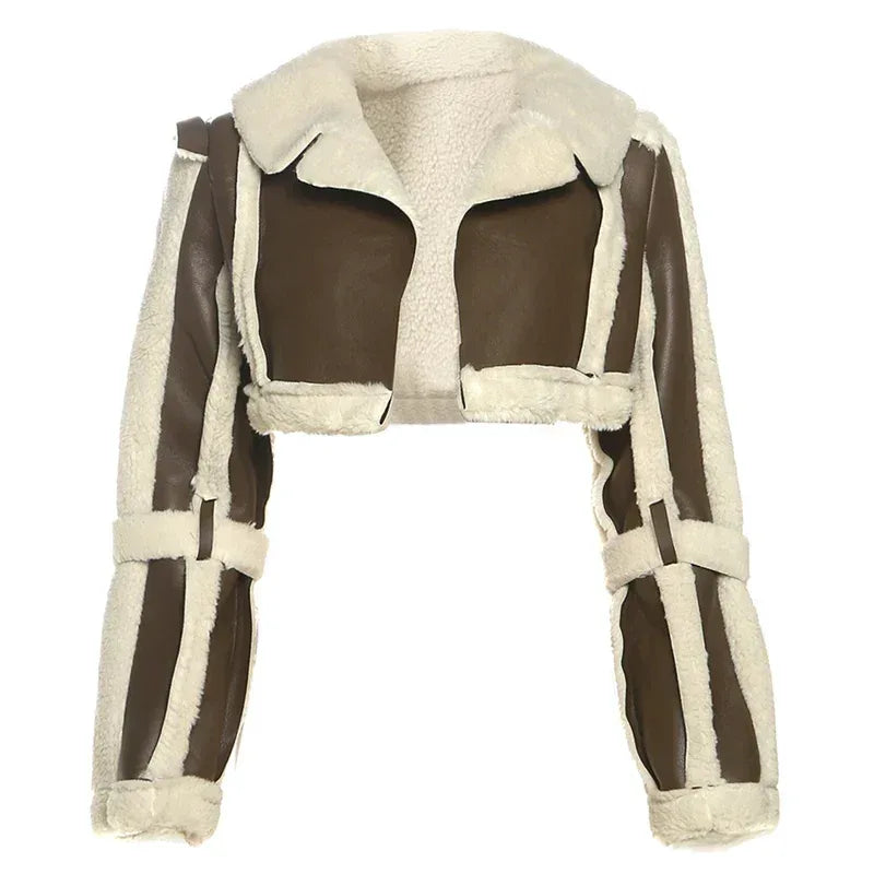 Weird Puss Furry Patchwork Women Crop Jacket Hipster Full Sleeve Open Stitch Hipster Streetwear Warm Outwear Basic Wild Coat - Chakastore
