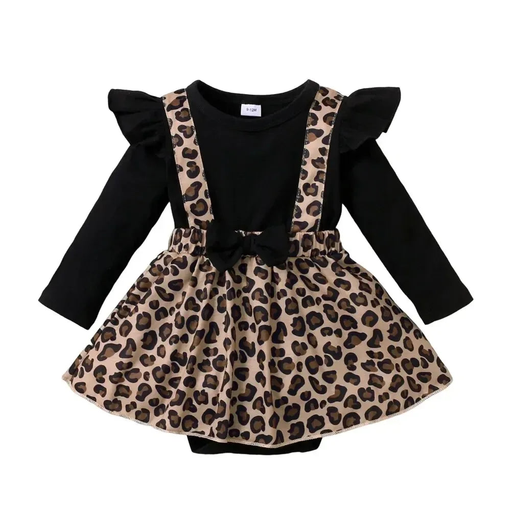 Newborn Baby Girl Romper Dress Long Sleeve Leopard Dresses with Bow Spring&Autumn Onesie Clothes for Infant Girl 0-18 Months - Chakastore