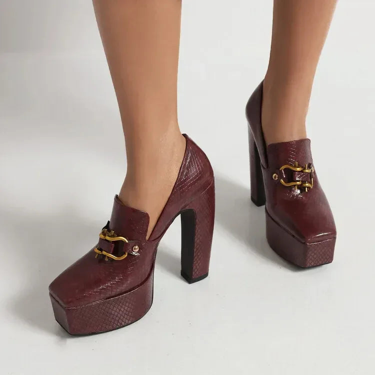 spring autumn New styles fashion High heels Women shoes Solid PU Metal decoration Square toe Slip-On Party heels women high 13cm