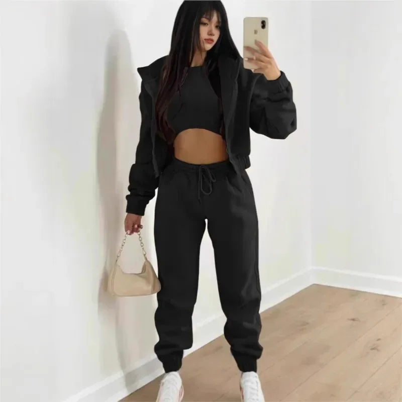 Women's 3 Piece Sets Suit Casual Long Sleeve Zip Hoodies Tank High Waist Sweatpants Jogger Pant Suits Sporty Three Pieces Outfit - Chakastore