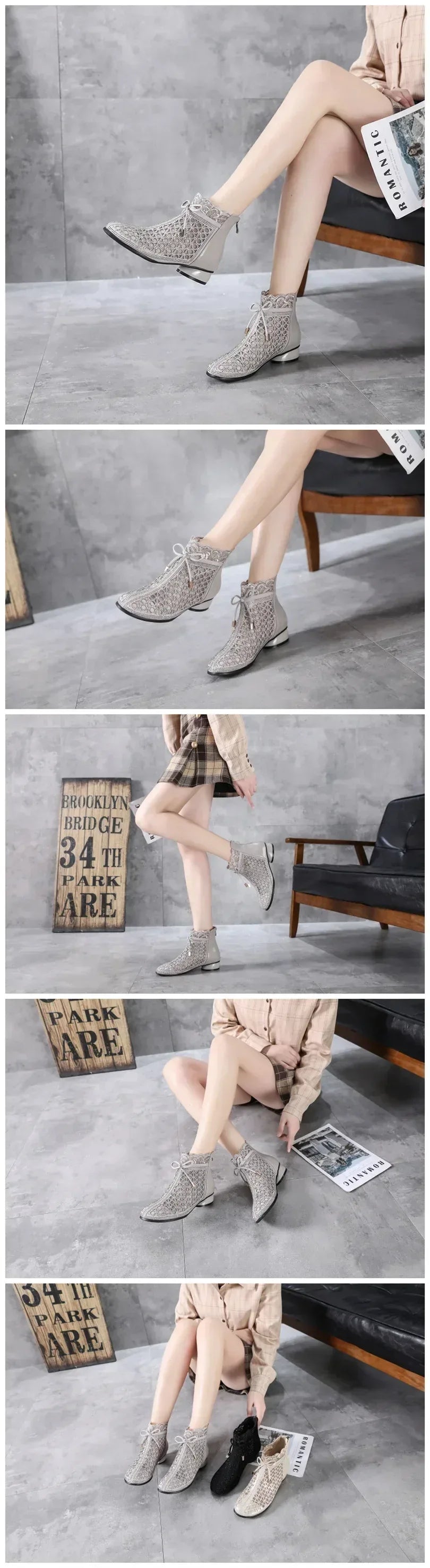 GKTINOO 2026 Spring Summer Ankle Boots Fashion Rhinestones Sandals Thick Heels Mesh Boots Hollow Women's Shoes Genuine Leather - Chakastore