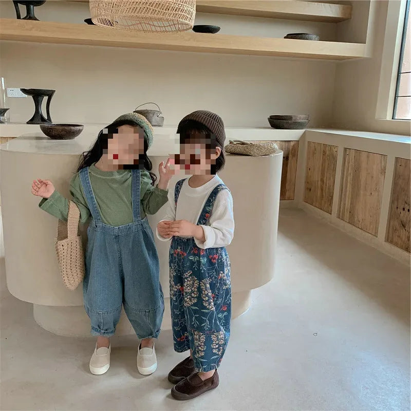 Spring Autumn Fashion Baby Girls Cotton Loose Floral Printed Jeans Kids Denim Suspenders Pant Children Outerwear Trousers 2-8Yrs