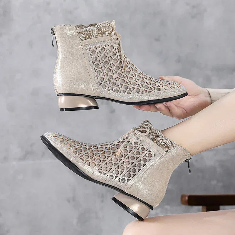 GKTINOO 2026 Spring Summer Ankle Boots Fashion Rhinestones Sandals Thick Heels Mesh Boots Hollow Women's Shoes Genuine Leather - Chakastore