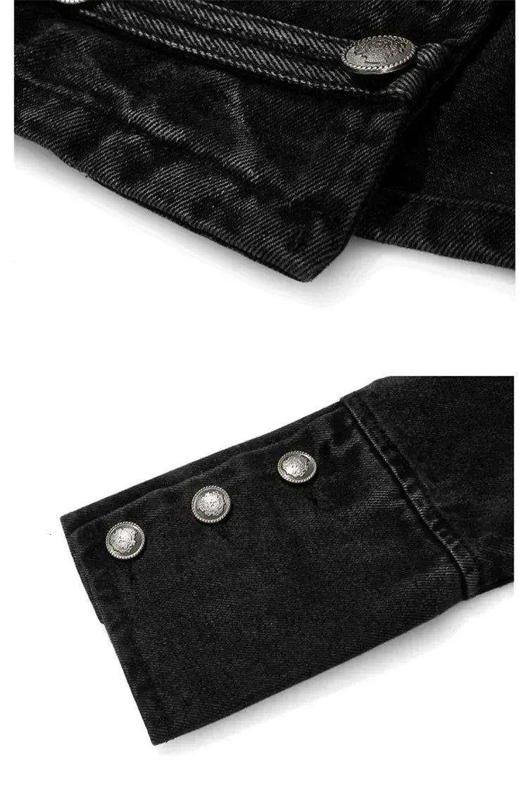 Chaqueta Mujer Metal Double Breasted Stand Collar Design Denim Jacket Top Denim Women Clothing American Overcoat Outwear