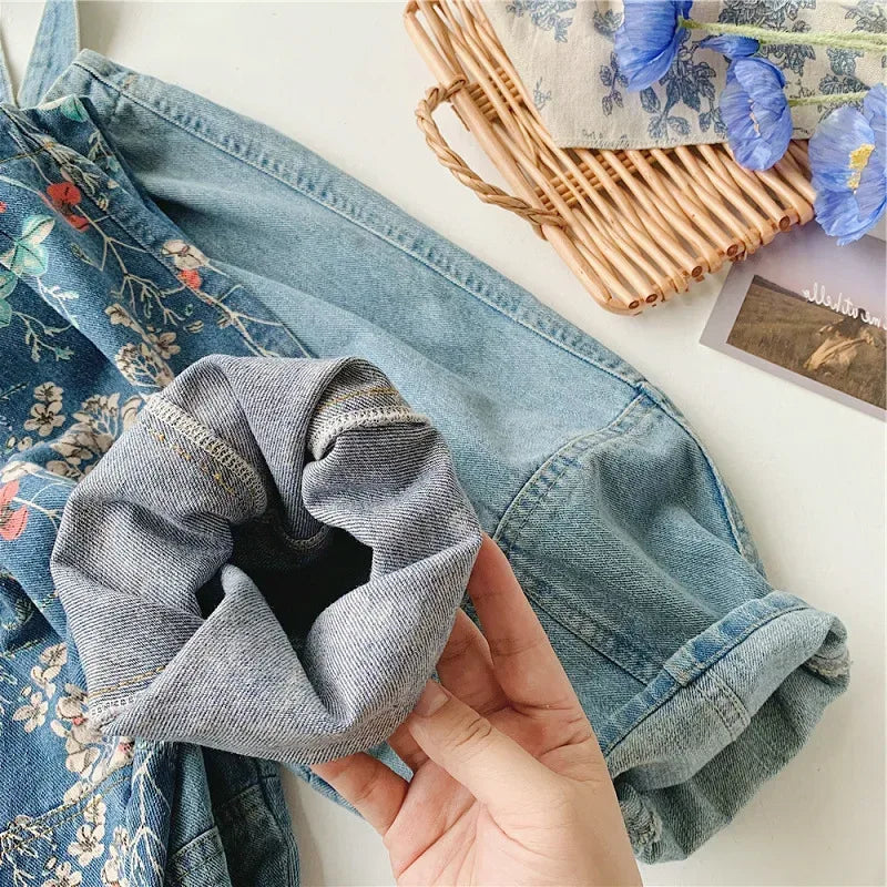 Spring Autumn Fashion Baby Girls Cotton Loose Floral Printed Jeans Kids Denim Suspenders Pant Children Outerwear Trousers 2-8Yrs - Chakastore