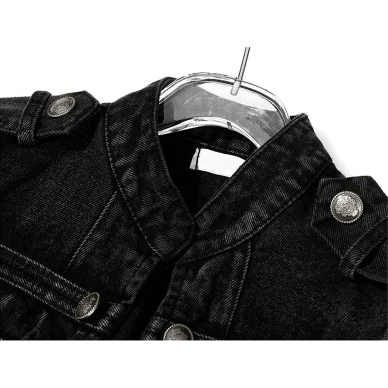 Streetwear Casual Loose Button Split Short Denim Jacket Women Fashion Spring Autumn 2026 Stand Collar Long Sleeve Jean Jacket - Chakastore