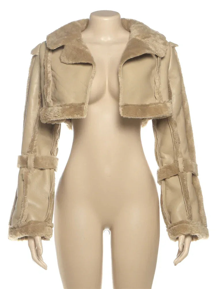 Weird Puss Furry Patchwork Women Crop Jacket Hipster Full Sleeve Open Stitch Hipster Streetwear Warm Outwear Basic Wild Coat