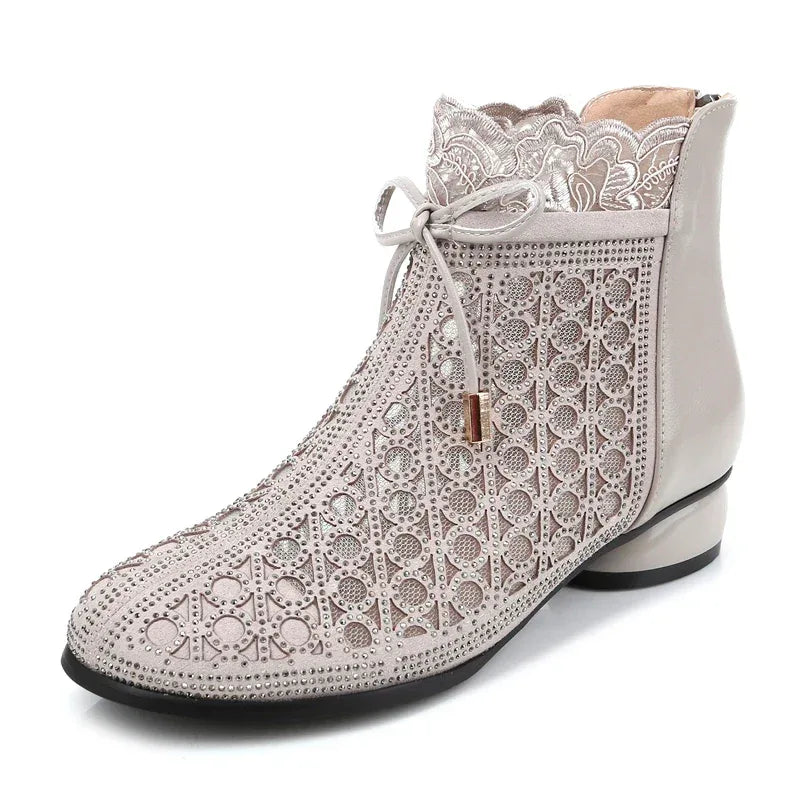 GKTINOO 2026 Spring Summer Ankle Boots Fashion Rhinestones Sandals Thick Heels Mesh Boots Hollow Women's Shoes Genuine Leather