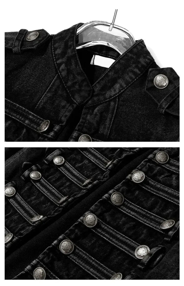 Chaqueta Mujer Metal Double Breasted Stand Collar Design Denim Jacket Top Denim Women Clothing American Overcoat Outwear