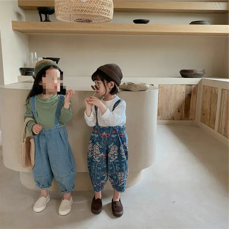 Spring Autumn Fashion Baby Girls Cotton Loose Floral Printed Jeans Kids Denim Suspenders Pant Children Outerwear Trousers 2-8Yrs - Chakastore